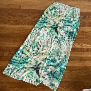 Multicoloured water colour effect silk maxi skirt in shades of green